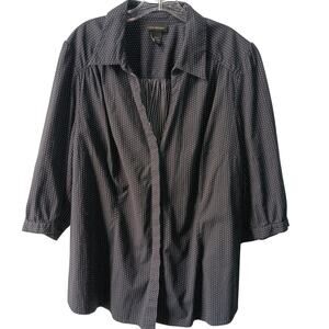Lane Bryant Blouse 22/24 Black White Dots 3/4 Sleeve Button-Up Cotton